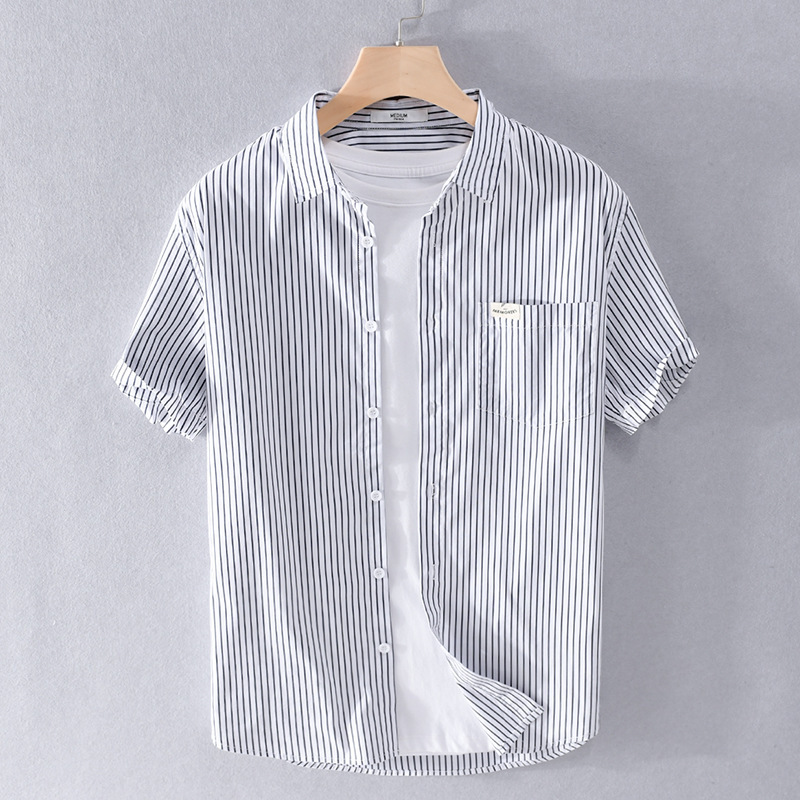 Summer Striped Men's Shirt Japanese Casual Loose Cotton Shirt for Young Artistic Men Simple Fresh Style Shirt 311