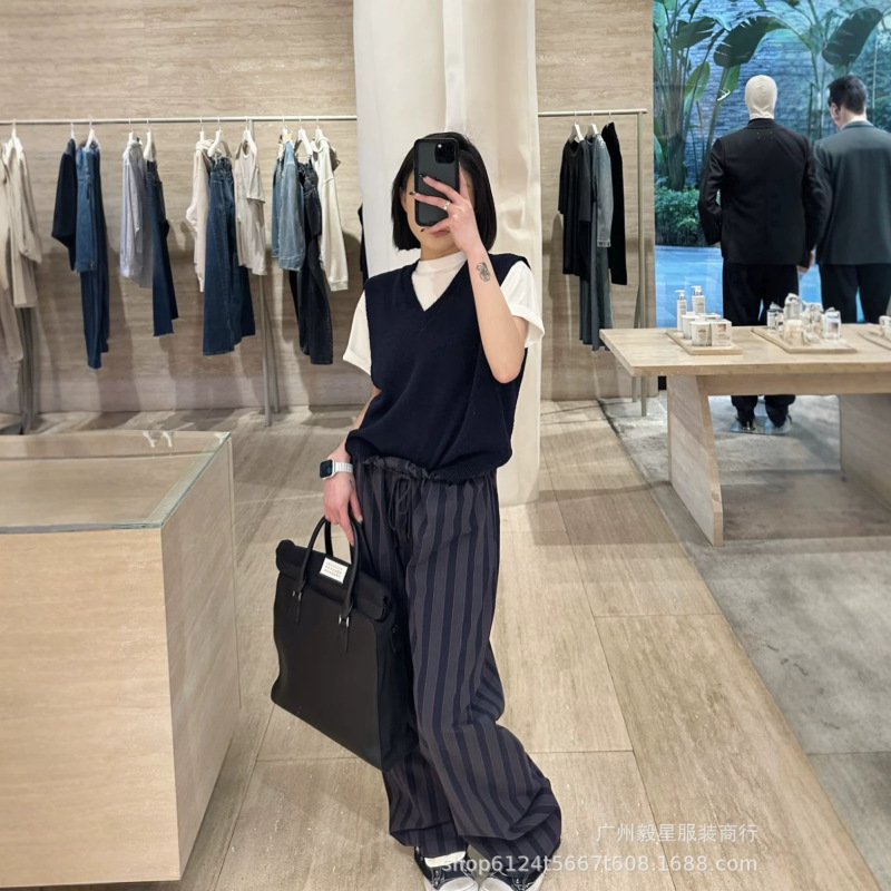 26Ss High-End Version Mm6 Margiela Striped Pocket Elastic Waist Casual Pants Versatile Loose Unisex Long Pants