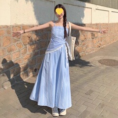 蓝色格子蕾丝吊带连衣裙女夏多巴胺云南西藏海边度假莫兰迪色长裙