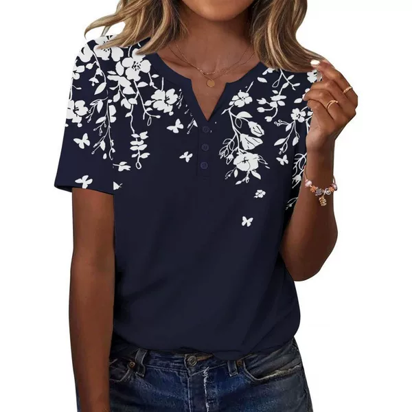 Amazon's Best-Selling Women's Summer Tops, Casual Short-Sleeved V-Neck Button-Down Shirts, Printed Henley Shirts