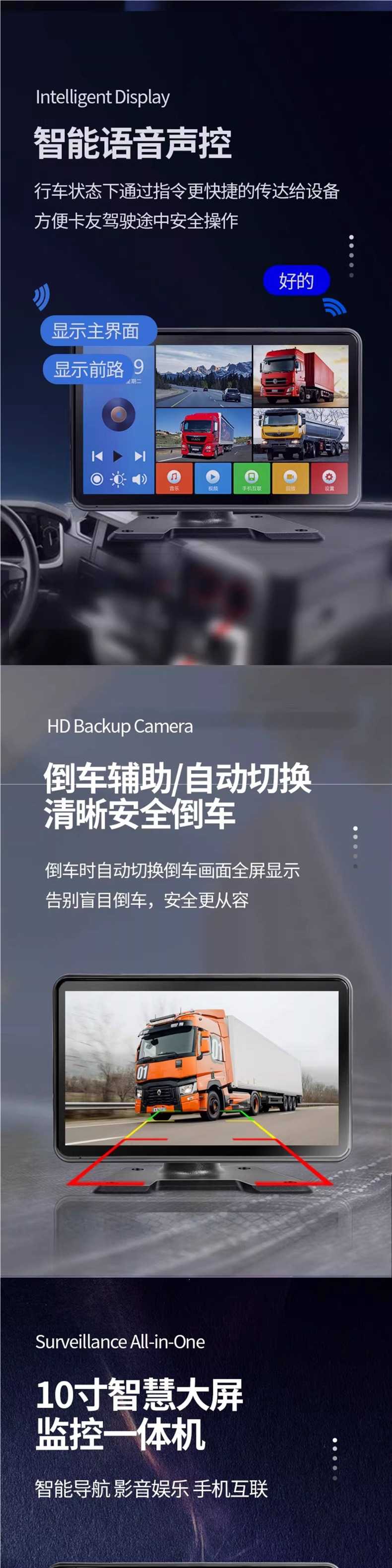Truck reversing camera MP5 on-board display screen, two-channel or four-channel high-definition monitoring, 24V dashcam monitor