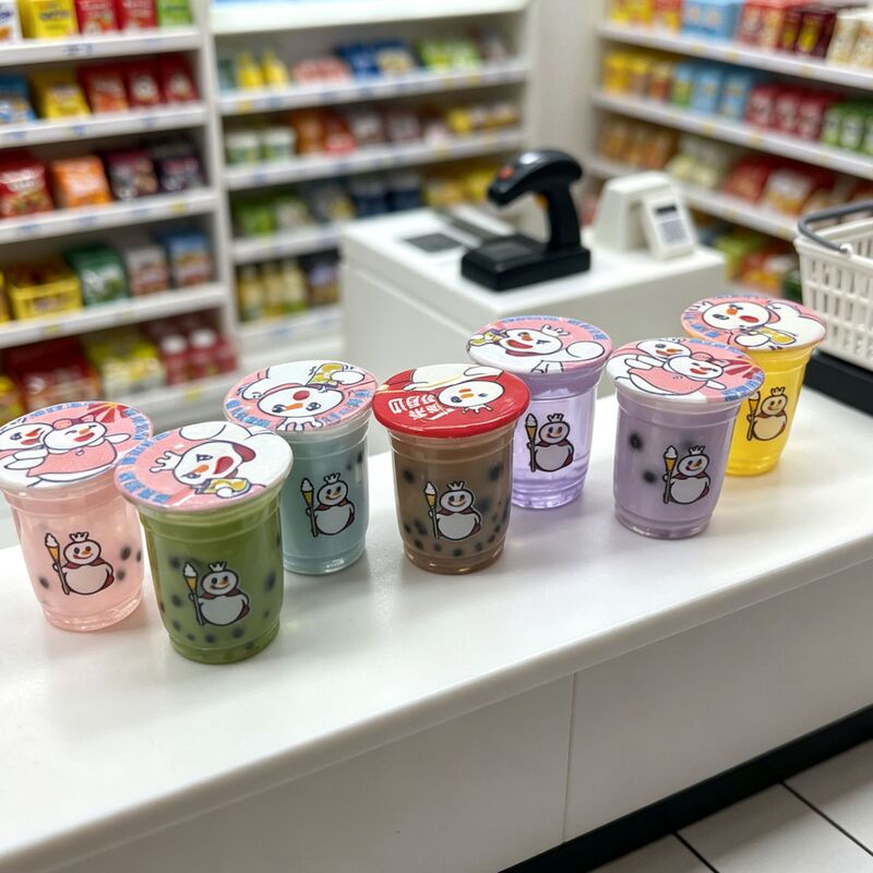 Cartoon-style miniature bubble tea shop diorama, featuring a snow king and pearl milk tea, made of resin, for DIY keychains and ornaments