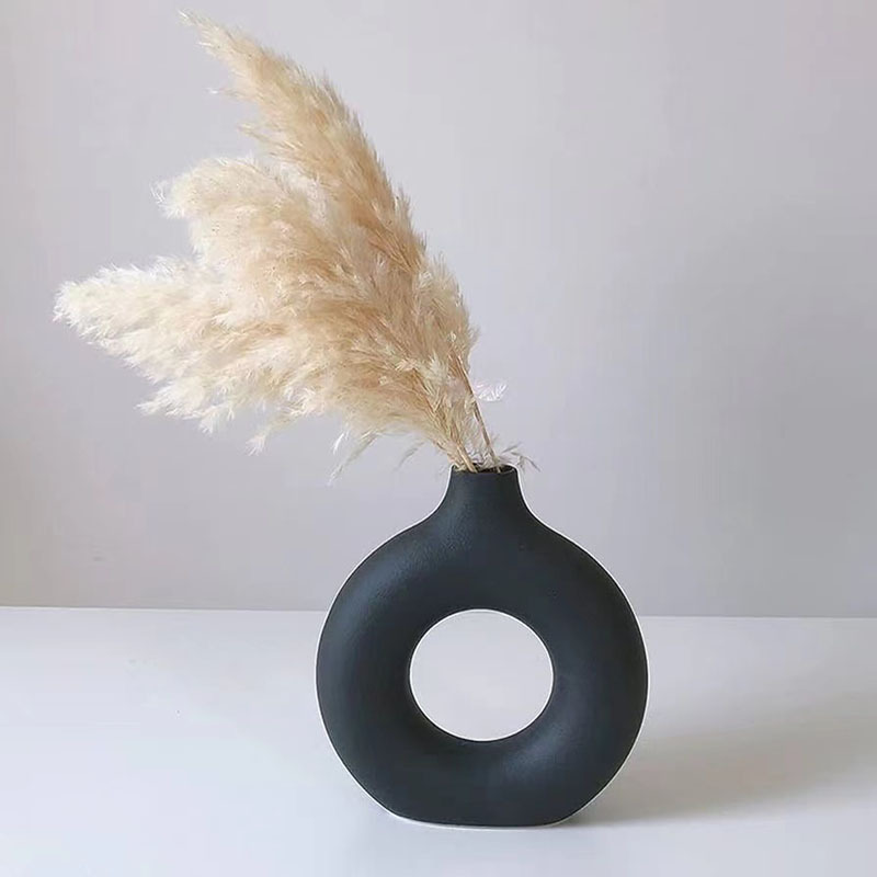 黑色陶瓷花瓶擺件客廳插花乾花現代茶几餐桌電視櫃創意甜甜圈花器