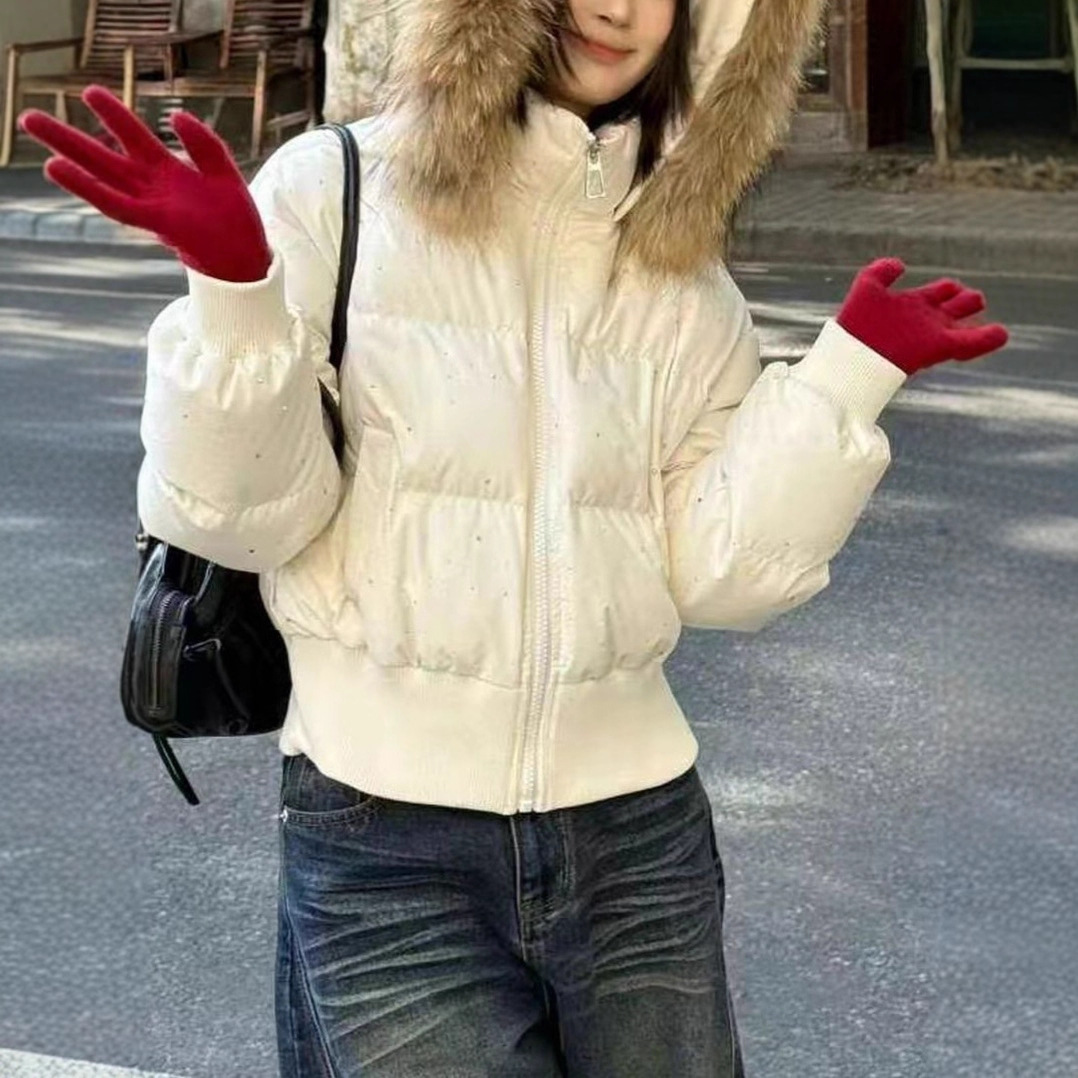 2025 Winter New American Fashion Hooded Fur Collar Heavy Rhinestone Slim Waist Slimming down Jacket for Women