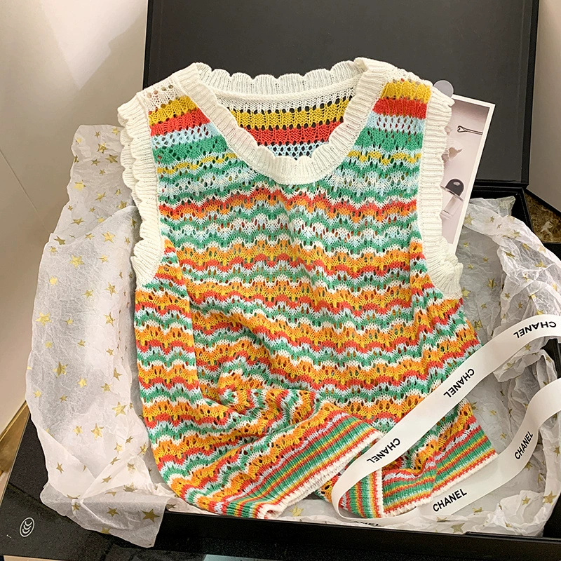 Поколение конфетных цветов, свитер в радужную полоску, женский летний корейский полый Тонкий жилет Джокера на 2023 год
