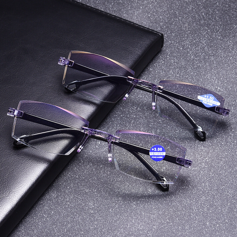 Frameless edge-cut anti-blue light reading glasses with smart zoom, high-definition near and far vision for middle-aged and elderly people