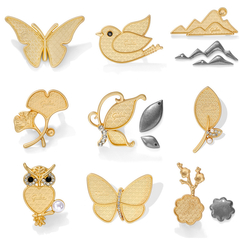National Day DIY New Style Song Brocade Butterfly Owl Brooch with Alloy Base, Leather Patch, Handmade Pin with Plain Base National Day DIY New Style Song Brocade Butterfly Owl Brooch with Alloy Base, Leather Patch, Handmade Pin with Plain Base