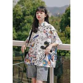 卡通短袖衬衫女夏季2025新款设计感小众宽松显瘦洋气满印米奇上衣