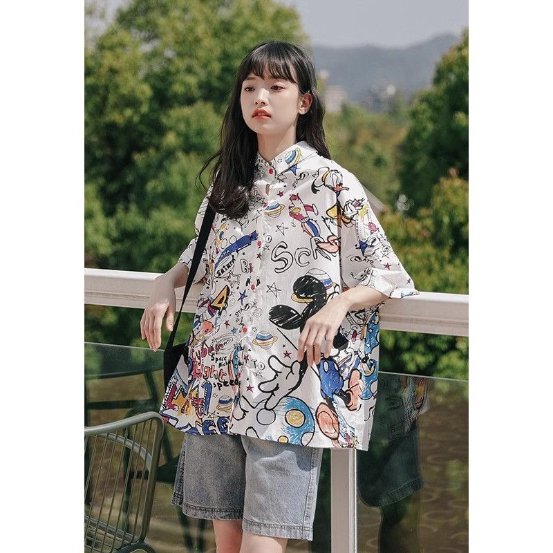 Cartoon Short-Sleeved Shirt for Women, Summer 2025 New Design, Niche Style, Loose Fit, Slimming, Stylish, All-Over Mickey Print Top Cartoon Short-Sleeved Shirt for Women, Summer 2025 New Design, Niche Style, Loose Fit, Slimming, Stylish, All-Over Mickey Print Top