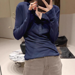 正肩长袖t恤女秋冬季2025新款修身打底衫辣妹美式藏蓝色内搭上衣