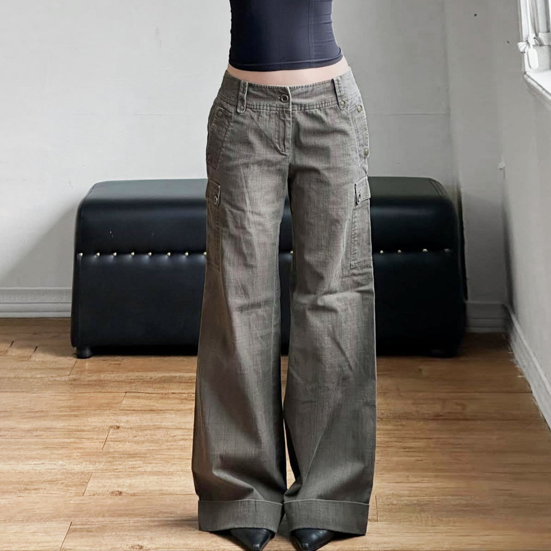 American Retro Low-Waist Straight-Leg Workwear Jeans Street Style Pocket West Coast Vibe Loose Long Pants for Women