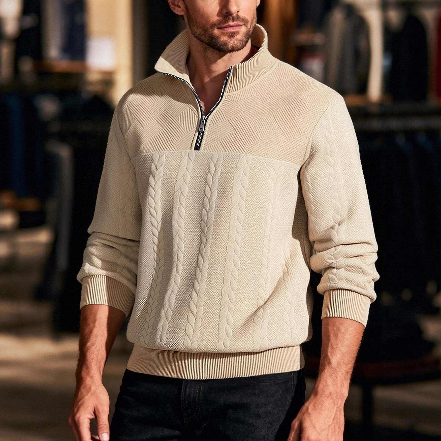 Cross-border retro americano cuello de cremallera casual chaqueta suelta pesada jersey jacquard otoño invierno chaqueta de hombre