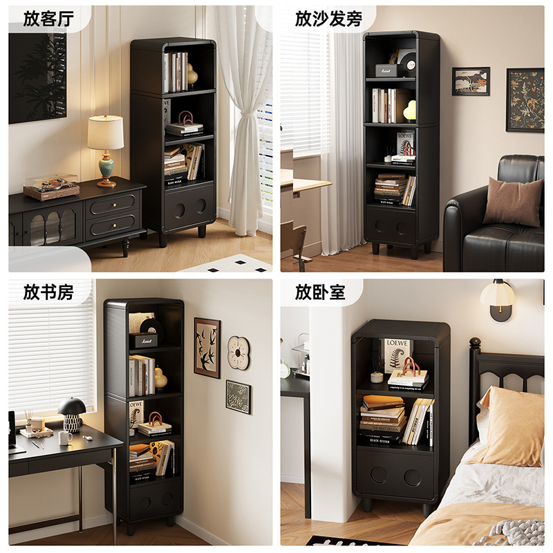Estante de libros simple, estante de pared doméstico, armario de almacenamiento, sala de estar, armario de esquina estadounidense, armario negro con piernas estrechas