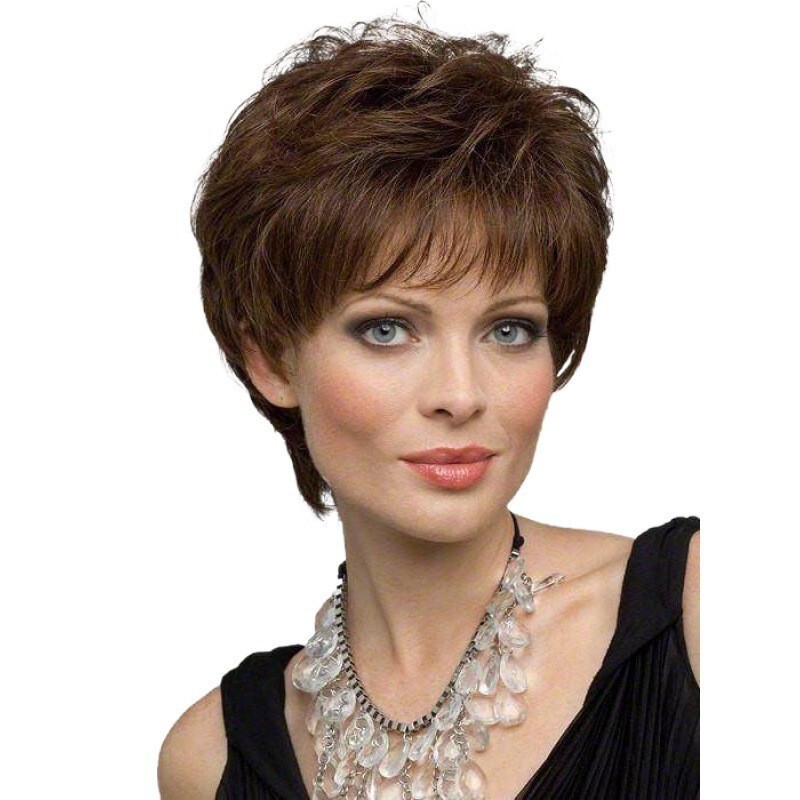 European and American style brown short curly wig for women, featuring a voluminous, layered look, suitable for everyday wear, and made with breathable material