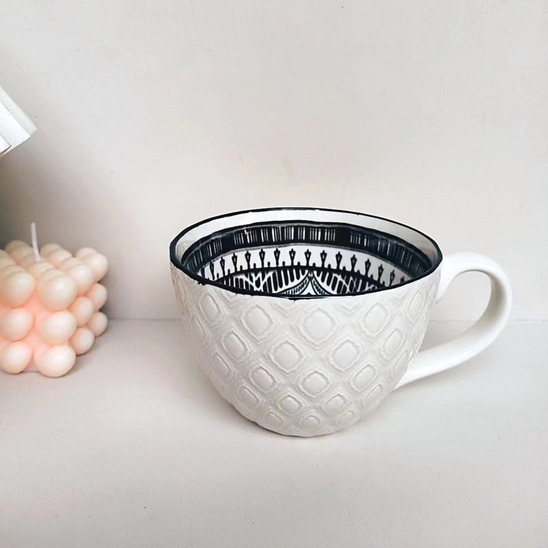 小清新北欧風陶磁器手描きカップオート麦牛乳コーヒーカップ模様彫刻カップ個性電子レンジ微瑕|undefined