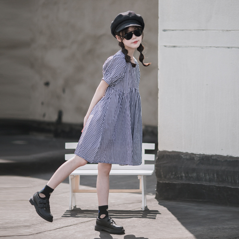 Vestido de Niña, Estilo Veraniego Nuevo 2024, Estilo Británico Moderno, Vestido Personalizado de Algodón a Cuadros para Niñas Grandes