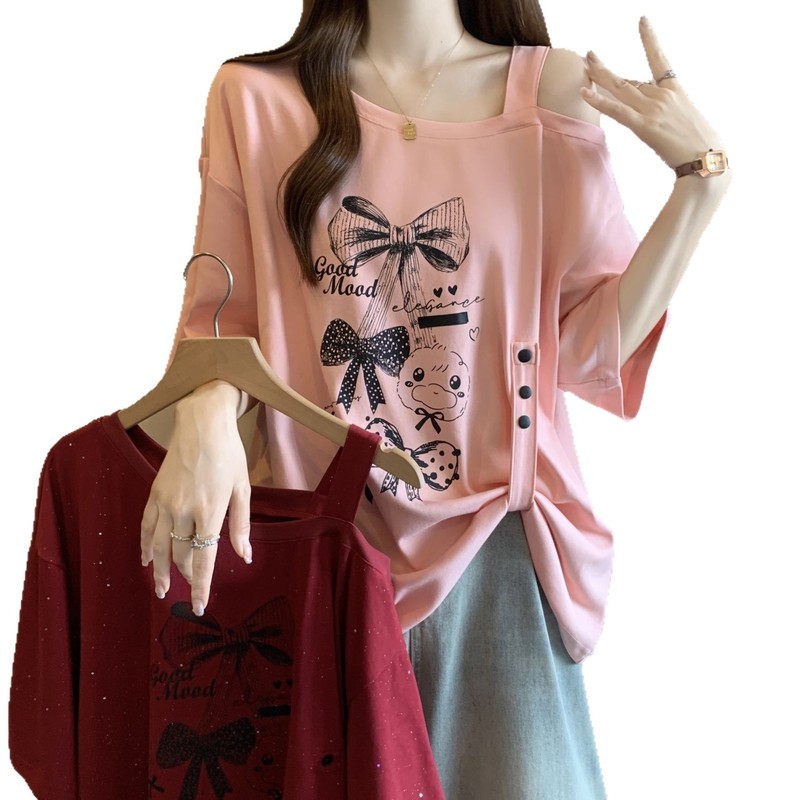大码设计感满天星短袖t恤女夏季2025新款宽松显瘦百搭吊带上衣女|undefined