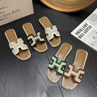Summer Beach Flats Slippers for Women 2024 New Retro Fashion Color Matching Denim One-Line Open-Toe Sandals
