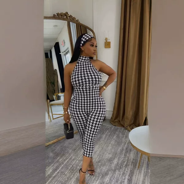 77894 Cross-Border European and American Women's Fashion Backless Sexy Style Halter Tie Houndstooth Sleeveless Cropped Jumpsuit