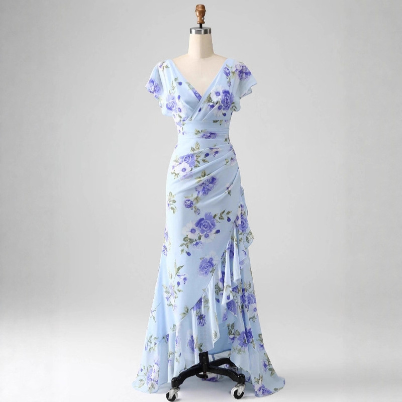 European and American Foreign Trade Cross-Border Amazon Blue Floral A-Line Ruffled Asymmetrical Wedding Guest Dress European and American Foreign Trade Cross-Border Amazon Blue Floral A-Line Ruffled Asymmetrical Wedding Guest Dress
