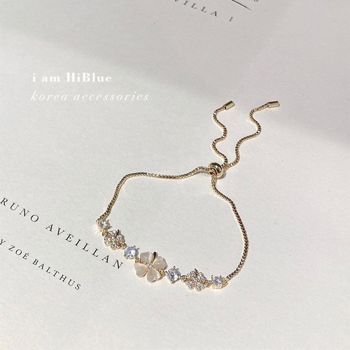Korean style four-leaf clover micro-encrusted zircon bracelet with adjustable drawstring design cat’s eye clover jewelry