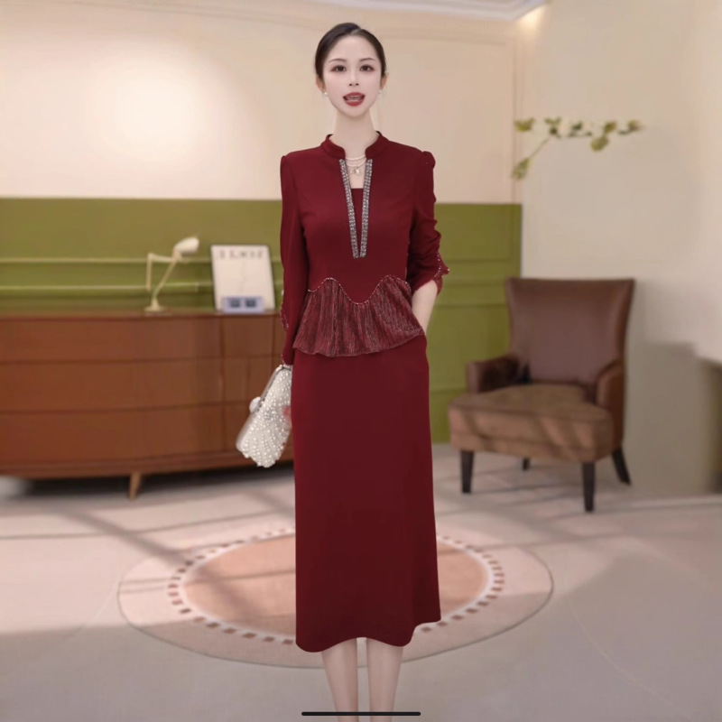 高级色织精纺气质婚宴喜婆婆奢华连衣裙2025秋季新款洋气女礼服裙|undefined