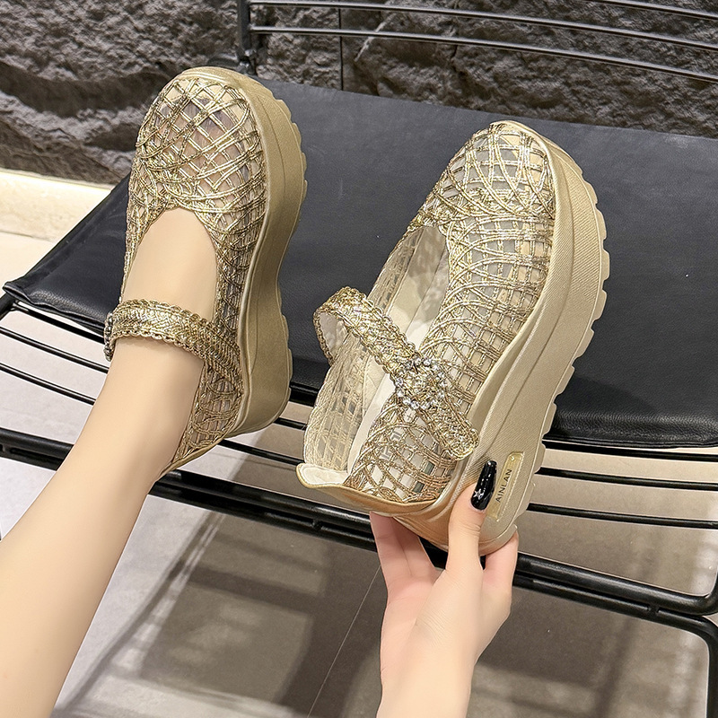 Ultra-Thick-Soled Shallow-Mouth Single-Strap Women's Shoes for Outdoor Wear, Summer Hollow-Out Fishnet Shoes, Height-Increasing Mary Jane Shoes for Petite Individuals