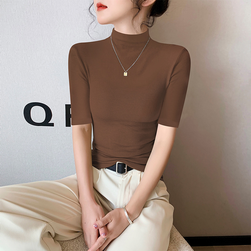 モーダルブラックハーフタートルネック半袖Tシャツ女性用2025春夏アイスシルクミッドカラー半袖ボトムシャツタイトトップ|undefined