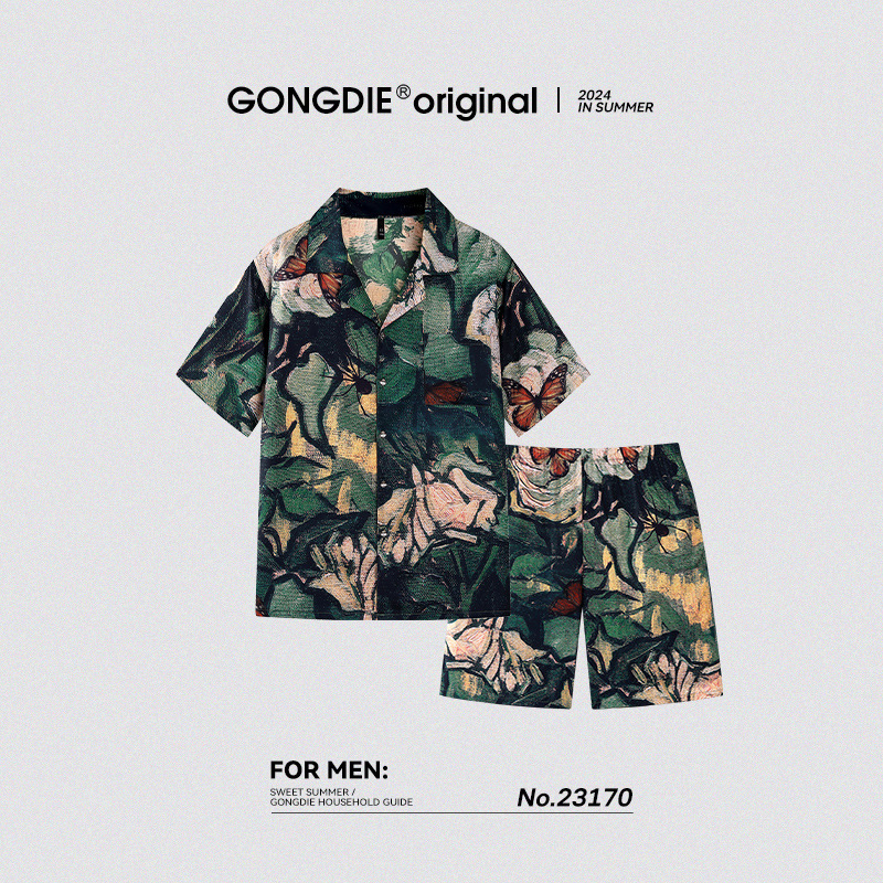 Runma [Cool] Summer Pajamas Men's Short-sleeved Ice and Snow Silk Hawaiian Holiday Style Home Clothes Outer Wear suit
