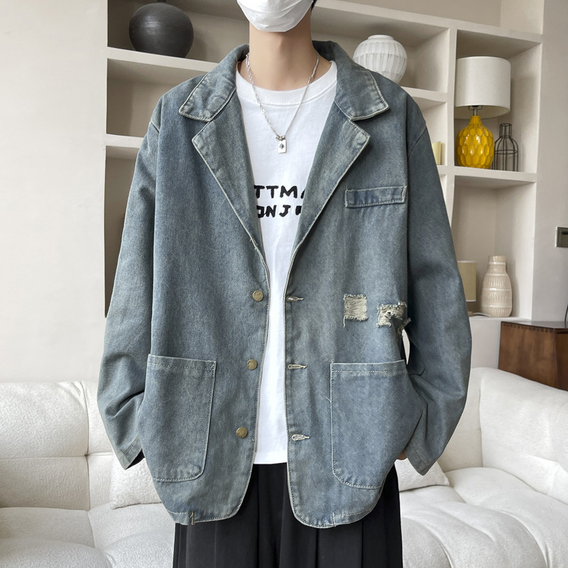 Hong Kong Style Ins Vintage Denim Jacket Men's Spring and Autumn Trendy Brand Loose All-match Ripped Old Casual Suit Jacket Hong Kong Style Ins Vintage Denim Jacket Men's Spring and Autumn Trendy Brand Loose All-match Ripped Old Casual Suit Jacket