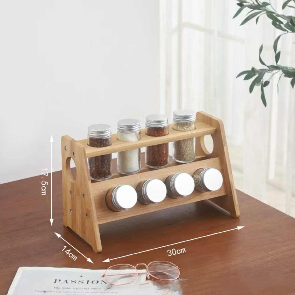Estante de escritorio de madera de stock Estante de condimento multicapa de cocina Estante de almacenamiento de especias giratorio de bambú de doble capa