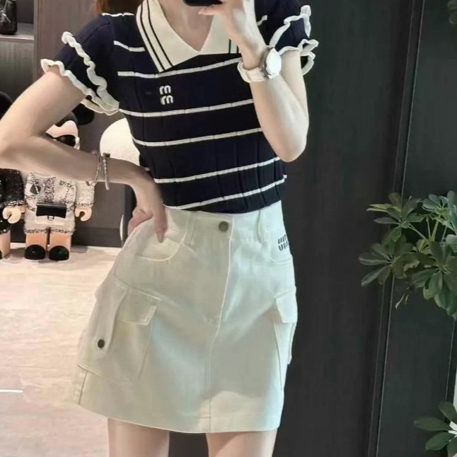 Summer New Style French Style Fashionable Design Contrasting Lace Striped Lapel Short-Sleeved Sweater for Women