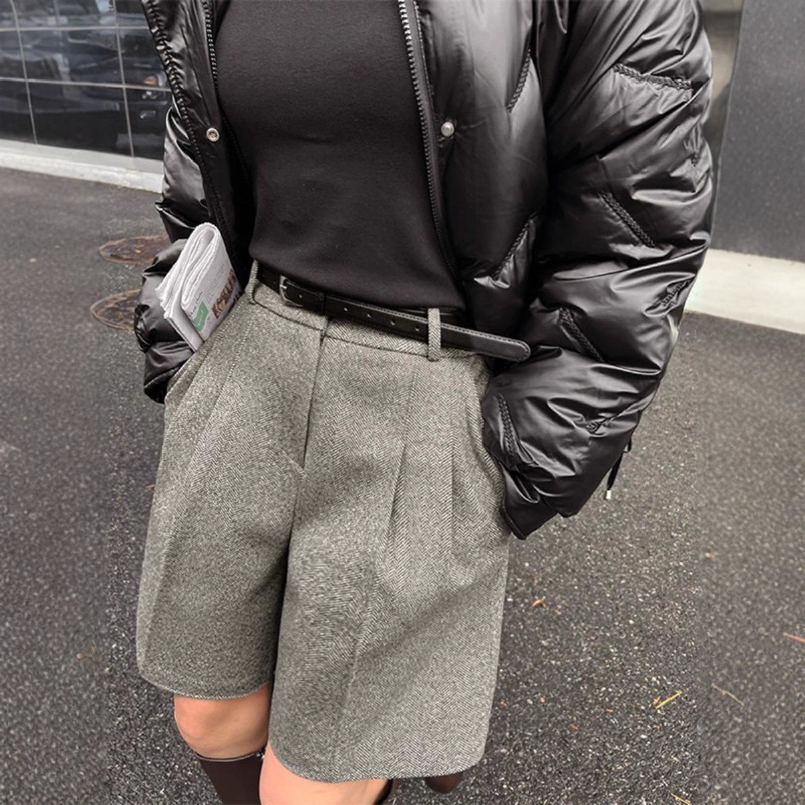 美式毛呢短裤女秋冬2025新款高腰外穿五分裤小个子字版阔腿裤子