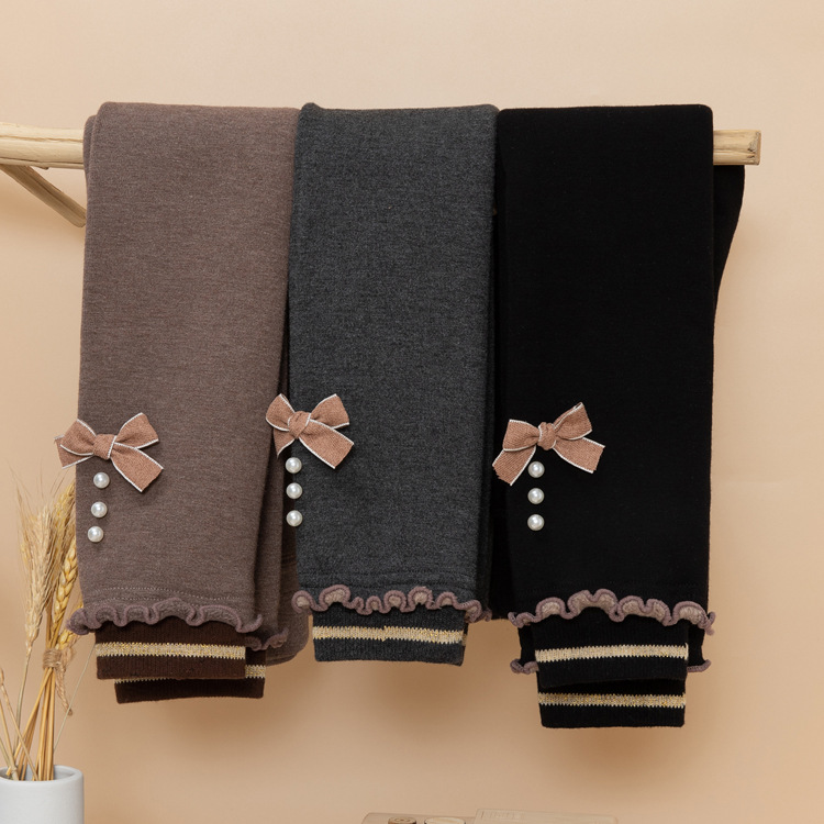 女童褲子2021冬季新款加絨加厚保暖壹體絨兒童蝴蝶結童裝打底褲