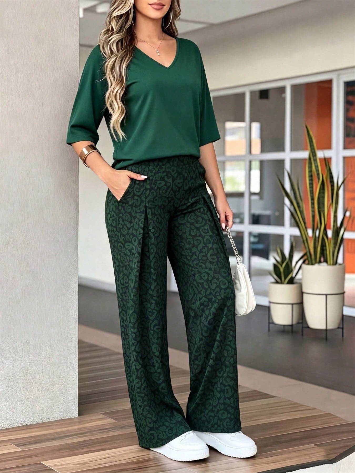 Women's Breathable V-Neck Top And Loose Fit Tropical Print Pants Set Comfortable Knit Two-Piece Outfit for Spring Summer_ecoleips.com