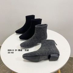 888-9韩系裸靴瘦瘦靴2025秋季复古毛呢小方头后拉链短靴女时装鞋