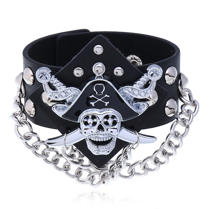 Motorcycle Men's Bracelet Punk Style Leather Bracelet Nightclub Bracelet Skull Leather Bracelet Pirate Ghost Head Chain