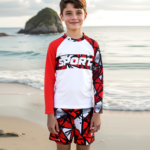Children's Swimwear Boy's Split Long Sleeve Swimwear 2025 New Letter Diamond Plaid Shorts Sunscreen Boy's Swimwear