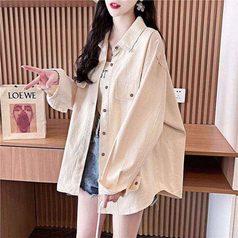 Casual Versatile Lazy Style Loose 2025 New Solid Color Polo Collar Denim Shirt Spring and Autumn Jacket Trendy