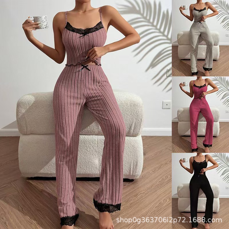 欧美跨境热销家居服坑条爱心吊带背心睡衣女可外穿长裤两件套套装|undefined