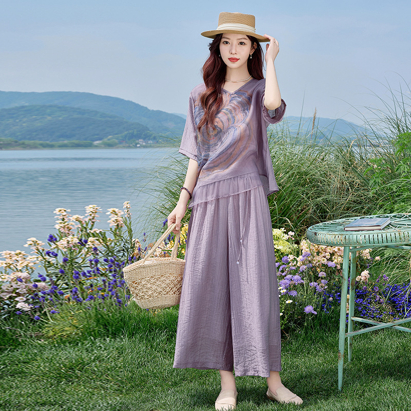 女性のためのコットンとリネンのプリントスーツ 2025 夏の新しいスタイル西洋スタイル年齢軽減ルーズ痩身カジュアルワイドレッグパンツ 2 点セット|undefined