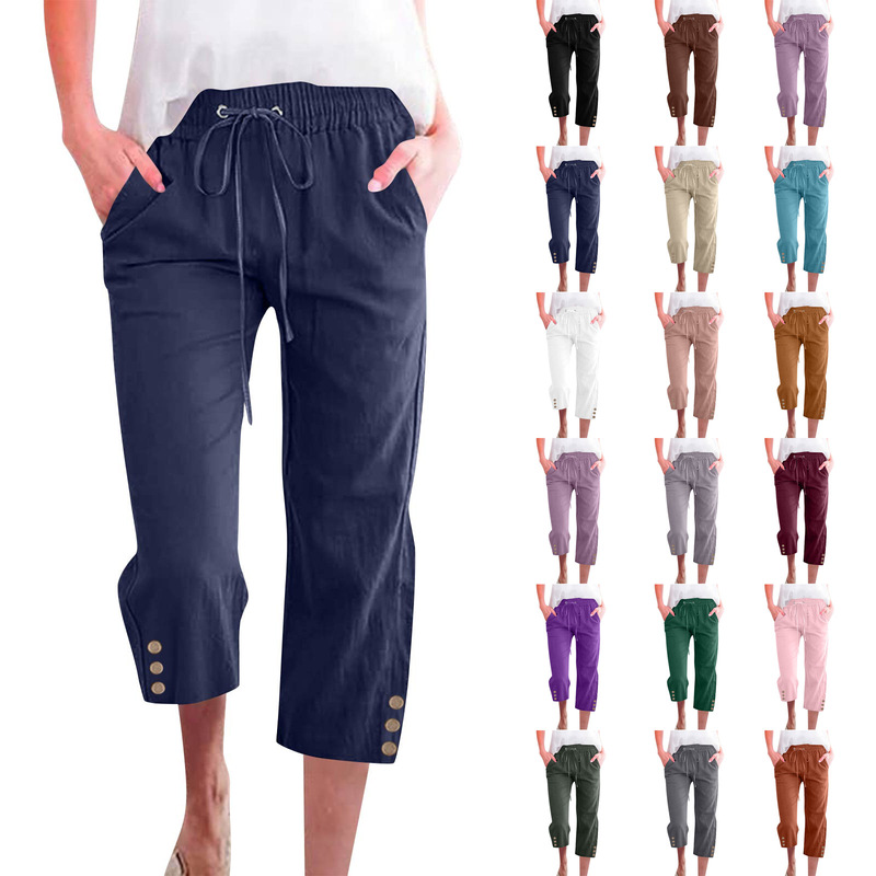 Cross-Border Ebay Amazon Wish Spring and Summer Solid Color Cotton and Linen Loose Drawstring Casual Cropped Pants Cross-Border Ebay Amazon Wish Spring and Summer Solid Color Cotton and Linen Loose Drawstring Casual Cropped Pants