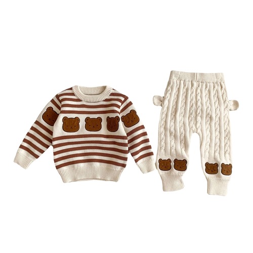 Infant autumn and winter clothing baby sweater cartoon striped sweater set newborn warm versatile tops and pants