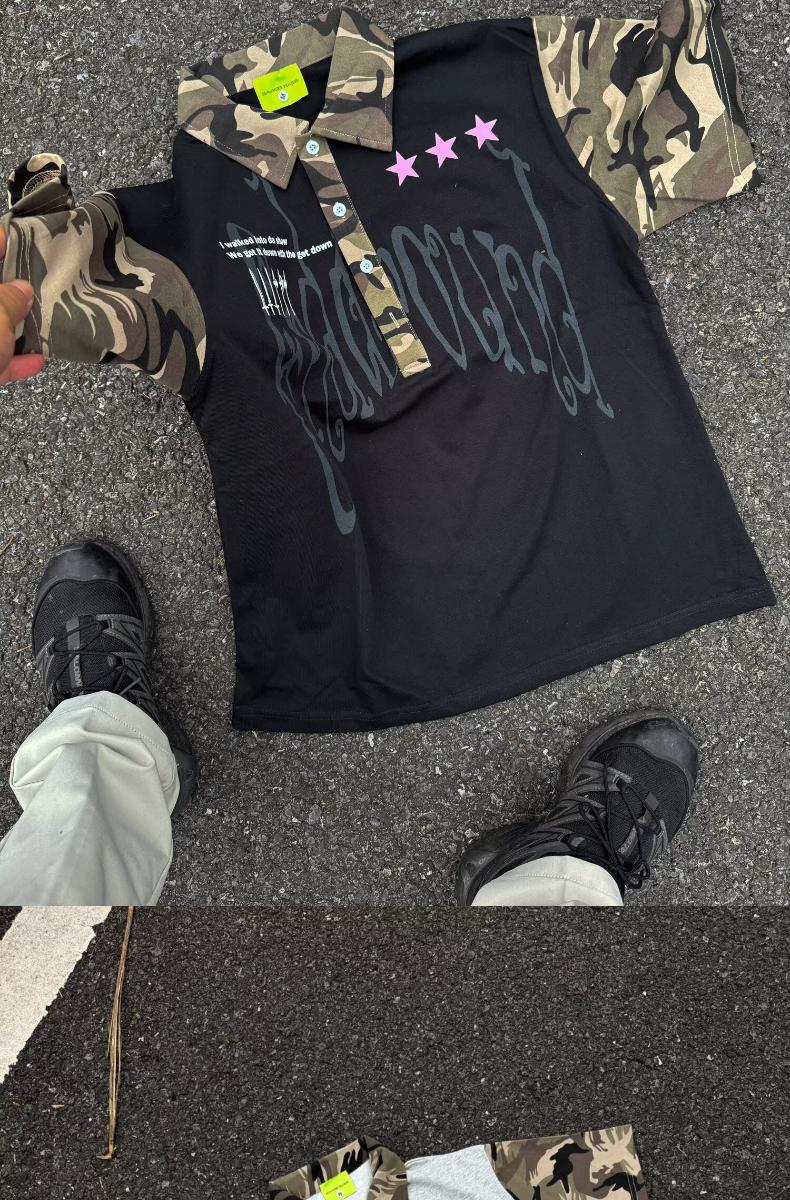 Men's Clothing Men's Hip Hop Camouflage Patchwork Collared Short Sleeve T-Shirt Trendy Streetwear Loose Fit Casual Five Quarter Sleeve For Couples_viptrois.com