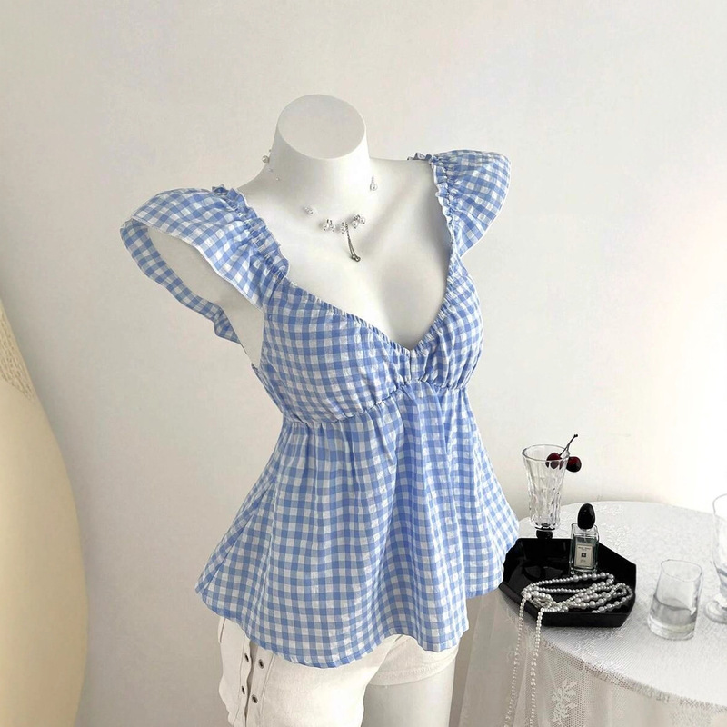 V-Neck Sexy Blue and White Plaid Small Flying Sleeve Shirt Women's Slimming Look Top Sweet Backless Shirt