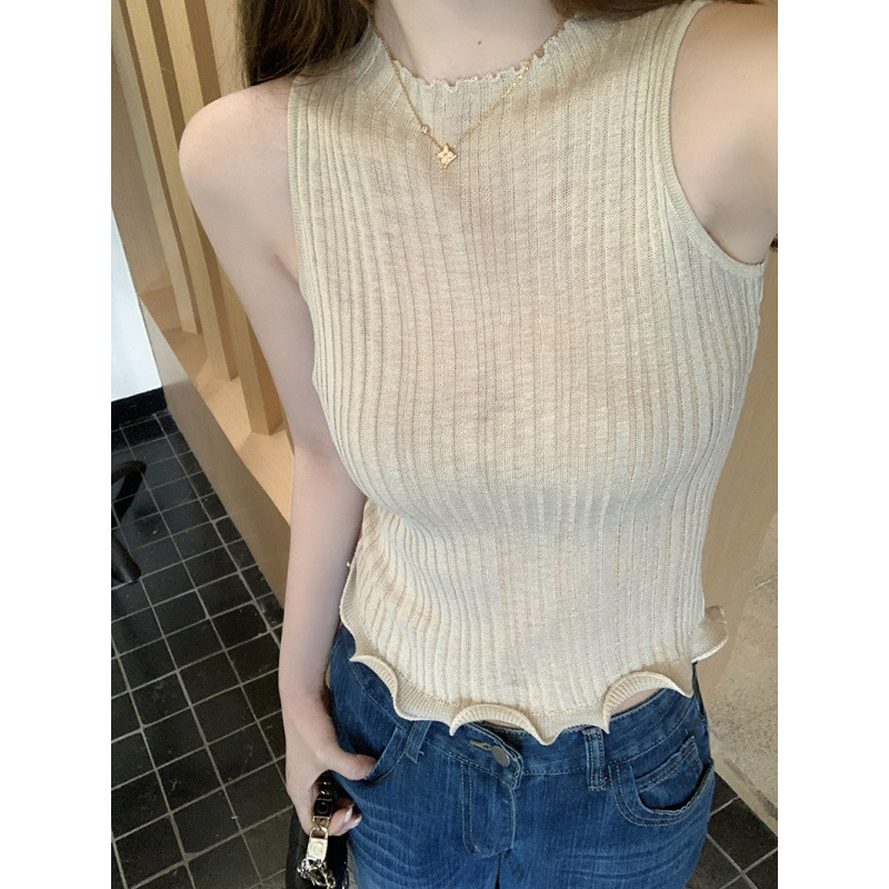 Real Shot~Fashionable Rolled-Hem Half-High Collar Sleeveless Vest, Refreshing Knit Top for Women, New Summer Style Real Shot~Fashionable Rolled-Hem Half-High Collar Sleeveless Vest, Refreshing Knit Top for Women, New Summer Style