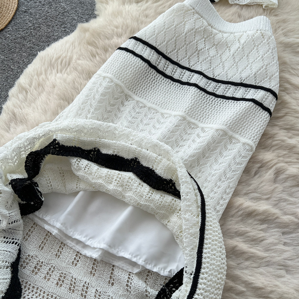 Women's Korean Style Workwear Knit Two Piece Set Summer V Neck Tie Waist Slim Fit White Color Block Stripes_ecoleips.com