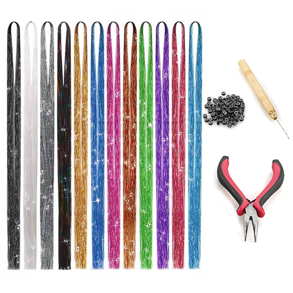 12가지 색상 + 나무 코바늘 + 머리 연장 고리 100개 + 빨간 펜치 + 사용 설명서
