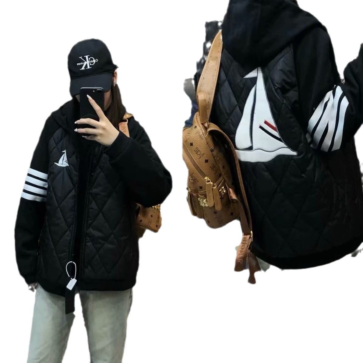 2024 미국 스타일 후드 코튼 재킷 남성 및 여성 가을 ??및 겨울 자수 트렌디 커플 루즈 파일럿 재킷 코튼 코트