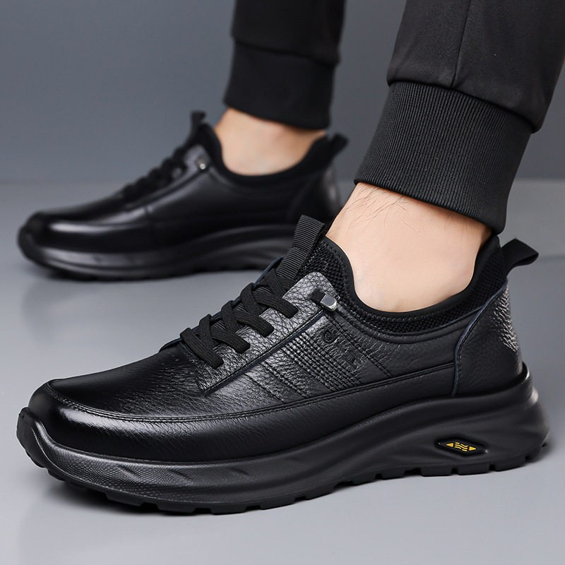 Giày lười nam da bò mũi tròn đế mềm chống trượt, giày da nam kiểu slip-on nhẹ thoáng khí — DT1805 Đen